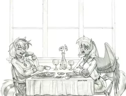 Size: 1400x1071 | Tagged: safe, artist:baron engel, derpibooru import, oc, oc:feather dancer, oc:nicole sunstone, unofficial characters only, anthro, pegasus, unicorn, chair, chatting, clothes, cup, dessert, eyes closed, flower, glass, grayscale, image, jpeg, monochrome, open mouth, pants, pencil drawing, sitting, table, traditional art