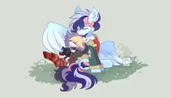 Size: 4200x2400 | Tagged: safe, artist:liquorice_sweet, derpibooru import, oc, oc:liquorice sweet, oc:soaring skies, unofficial characters only, earth pony, pegasus, pony, clothes, couple, cuddling, eyes closed, hoodie, image, mug, nintendo switch, oc x oc, png, relaxing, scarf, shipping, sitting, smiling, socks, striped socks, together, uniform, wonderbolts, wonderbolts uniform