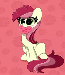 Size: 3538x4096 | Tagged: safe, artist:kittyrosie, derpibooru import, roseluck, earth pony, pony, blushing, cute, cuteluck, female, heart, high res, i love you, image, jpeg, mare, mouth hold, sitting, solo