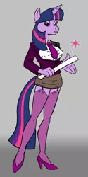 Size: 400x800 | Tagged: suggestive, artist:carelessdoodler, derpibooru import, twilight sparkle, anthro, unicorn, breasts, busty twilight sparkle, clothes, digital art, female, high heels, image, looking at you, necktie, png, shirt, shoes, simple background, skirt, socks, solo, solo female, stockings, tail, teacher, thigh highs, thighs, unicorn twilight