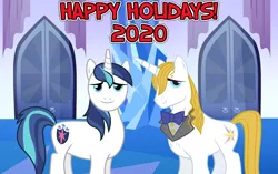 Size: 2064x1296 | Tagged: safe, artist:not-yet-a-brony, derpibooru import, prince blueblood, shining armor, unicorn, spoiler:comicff26, ambassador, christmas, crystal empire, friends, friendship, hearth's warming, holiday, image, lyrics in the description, new year, png, prince, song reference, winter, youtube link, youtube link in the description