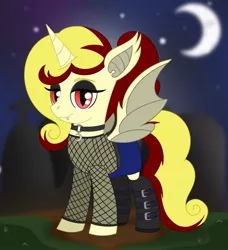 Size: 1449x1592 | Tagged: safe, artist:dyonys, derpibooru import, oc, oc:miss libussa, alicorn, bat pony, bat pony alicorn, pony, unicorn, vampire, vampony, bat wings, boots, choker, clothes, crescent moon, fangs, female, halloween, holiday, horn, image, jpeg, mare, moon, nightmare night, shirt, shoes, skirt, wings