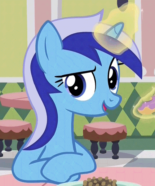 Size: 518x621 | Tagged: safe, derpibooru import, edit, edited screencap, screencap, minuette, pony, unicorn, amending fences, animated, aweeg*, cropped, cute, donut, eating, female, food, gif, herbivore, image, looking at you, loop, magic, magic aura, mare, minubetes, nose wrinkle, perfect loop, puffy cheeks, reversed, scrunchy face, smiling, solo focus, table, telekinesis