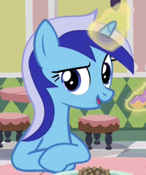 Size: 518x621 | Tagged: safe, derpibooru import, edit, edited screencap, screencap, minuette, pony, unicorn, amending fences, animated, aweeg*, cropped, cute, donut, eating, female, food, gif, herbivore, image, looking at you, loop, magic, magic aura, mare, minubetes, nose wrinkle, perfect loop, puffy cheeks, reversed, scrunchy face, smiling, solo focus, table, telekinesis