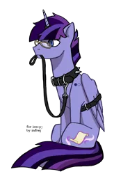 Size: 2295x3508 | Tagged: suggestive, artist:infrej, derpibooru import, oc, oc:hesitant enchantment, unofficial characters only, alicorn, pony, icey-verse, alicorn oc, belt, bondage, collar, commission, glasses, horn, horn ring, image, jewelry, leash, magic suppression, male, malesub, mouth hold, multicolored hair, offspring, parent:flash sentry, parent:twilight sparkle, parents:flashlight, pet play, png, ring, simple background, sitting, solo, solo male, spiked collar, stallion, submissive, tattoo, transparent background, wings, ych result