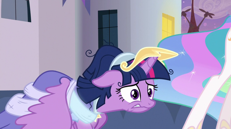 Size: 1920x1080 | Tagged: safe, derpibooru import, screencap, princess celestia, twilight sparkle, twilight sparkle (alicorn), alicorn, pony, the last problem, clothes, coronation dress, crown, dress, floppy ears, image, jewelry, messy mane, png, regalia, second coronation dress, worried