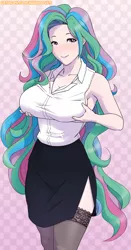 Size: 2013x3838 | Tagged: suggestive, artist:rambon7, derpibooru import, kotobukiya, princess celestia, equestria girls, abstract background, armpits, big breasts, blushing, breast fondling, breast grab, breast hold, breasts, busty princess celestia, cleavage, clothes, curvy, eyelashes, frilly, grope, huge breasts, image, large voluminous hair, looking at you, patreon, png, principal celestia, self grope, sexy, side slit, skirt, sleeveless, socks, solo, stockings, stupid sexy celestia, thigh highs, thighs, vest, wide hips