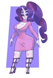Size: 1042x1536 | Tagged: suggestive, artist:bigdad, derpibooru import, rarity, human, big breasts, boob window, breasts, busty rarity, cleavage, clothes, female, high heels, horn, horned humanization, humanized, image, jpeg, pony coloring, shoes, smiling, solo, solo female, sweater, sweater dress