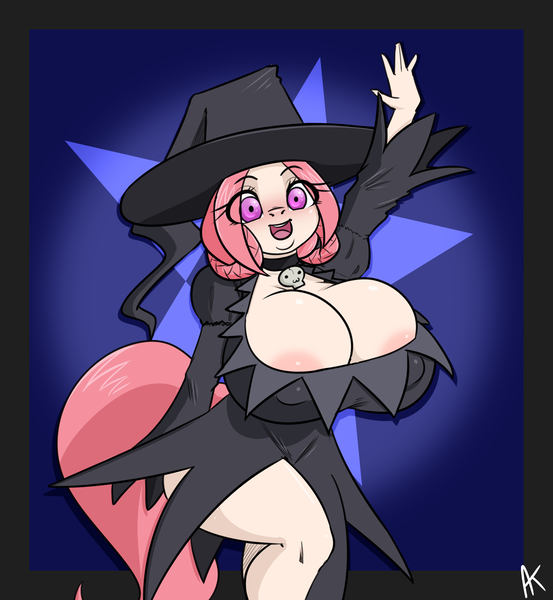 Size: 1882x2043 | Tagged: questionable, artist:appelknekten, derpibooru import, oc, oc:elven haze, anthro, earth pony, pony, areola, areola slip, big breasts, breasts, cleavage, clothes, costume, erect nipples, female, halloween, halloween costume, hat, holiday, huge breasts, image, impossibly large breasts, jewelry, mare, necklace, nipple outline, png, solo, solo female, witch, witch hat