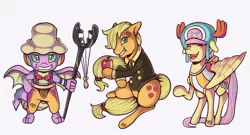 Size: 1024x555 | Tagged: safe, artist:kenisu-of-dragons, derpibooru import, applejack, fluttershy, spike, dragon, earth pony, pegasus, pony, apple, clothes, cosplay, costume, female, food, hat, image, jpeg, male, mare, one piece, sanji, simple background, slingshot, suit, tony tony chopper, usopp, white background, winged spike