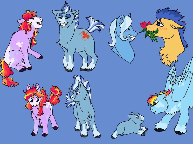 Size: 1280x960 | Tagged: safe, artist:berriesandsmallbirds, derpibooru import, flash sentry, rainbow dash, trixie, oc, oc:festivity blast, oc:swan, pony, alternate design, baby, baby pony, blue background, colt, family, female, flower, flower in mouth, image, jpeg, magical lesbian spawn, male, mouth hold, offspring, parent:flash sentry, parent:pinkie pie, parent:rainbow dash, parent:trixie, parents:pinkiedash, parents:sentrixie, rose, rose in mouth, sentrixie, shipping, simple background, straight, twitterina design