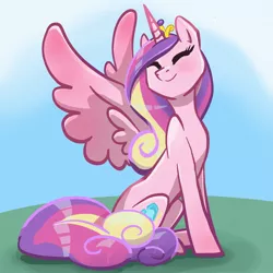 Size: 2048x2048 | Tagged: safe, artist:pfeffaroo, derpibooru import, princess cadance, alicorn, pony, cute, cutedance, eyes closed, female, head turned, high res, hnnng, image, jewelry, jpeg, mare, outdoors, sitting, smiling, solo, spread wings, tiara, wings