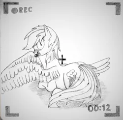 Size: 2237x2184 | Tagged: safe, artist:harleneap, derpibooru import, rainbow dash, pegasus, pony, grooming, image, monochrome, pencil drawing, png, preening, recording, solo, traditional art