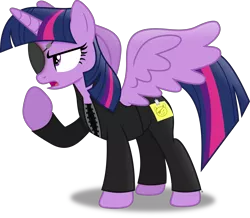 Size: 4165x3633 | Tagged: safe, artist:anime-equestria, derpibooru import, twilight sparkle, twilight sparkle (alicorn), alicorn, pony, annoyed, clothes, disguise, eyepatch, eyepatch (disguise), female, horn, image, jacket, mare, png, simple background, solo, sticky note, transparent background, vector, wings