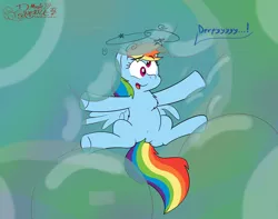 Size: 4112x3248 | Tagged: safe, artist:rupertbluefox, derpibooru import, rainbow dash, pegasus, pony, belly, belly button, bubble, bubble fetish, cheek fluff, chest fluff, circling stars, dazed, derp, dizzy, featureless crotch, female, image, implied crash, implied derpy, mare, png, spread legs, spreading, squishy