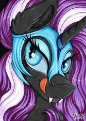 Size: 3446x4874 | Tagged: safe, artist:julunis14, derpibooru import, nightmare rarity, pony, unicorn, armor, bedroom eyes, bust, ear fluff, fangs, helmet, image, licking, markers, png, portrait, signature, solo, tongue out, traditional art