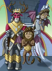 Size: 2000x2751 | Tagged: safe, artist:starbat, derpibooru import, idw, king vorak, queen haydon, scorpan, centaur, gargoyle, fiendship is magic, spoiler:comic, female, halo, image, jpeg, male, younger