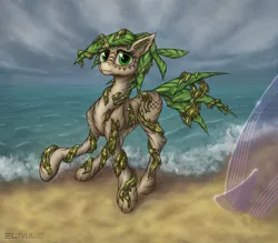 Size: 5040x4416 | Tagged: safe, artist:eltaile, derpibooru import, oc, oc:holo limu, unofficial characters only, pony, beach, bodypaint, cloud, fangs, female, horizon, image, ocean, png, sand, scar, seaweed, solo, surfboard, tattoo, tribal, wave