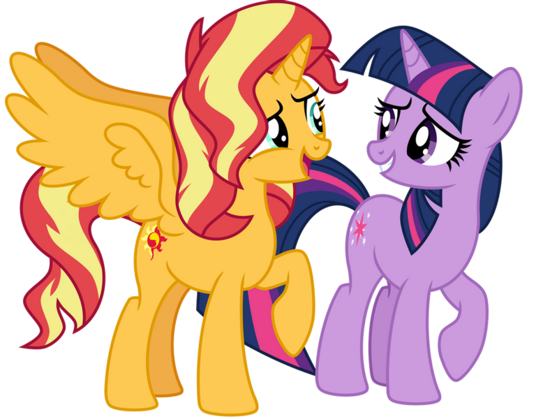 Size: 1024x800 | Tagged: safe, artist:emeraldblast63, derpibooru import, sunset shimmer, twilight sparkle, alicorn, pony, unicorn, alicornified, alternate universe, backwards cutie mark, grin, image, looking at each other, open mouth, png, race swap, raised hoof, role reversal, shimmercorn, simple background, smiling, transparent background, unicorn twilight