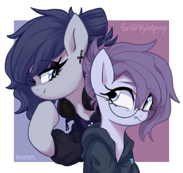 Size: 2725x2584 | Tagged: safe, artist:maren, derpibooru import, oc, oc:vylet, unofficial characters only, pony, vampire, black sclera, clothes, cute, cute little fangs, duo, fangs, gift art, glasses, headphones, high res, hoodie, image, jacket, lidded eyes, png