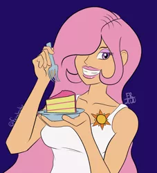 Size: 1320x1452 | Tagged: safe, artist:feralroku, derpibooru import, princess celestia, human, blue background, cake, food, fork, hair over one eye, humanized, image, national princess day, plate, png, simple background, smiling, solo, young celestia