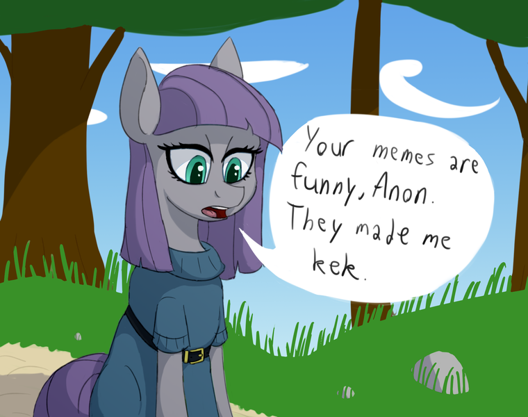 Size: 1900x1500 | Tagged: safe, artist:sufficient, derpibooru import, maud pie, pony, background pony, clothes, cloud, deadpan, dress, image, implied anon, kek, maud being maud, nature, outdoors, path, png, rock, sitting, sky, speech bubble, text, tree