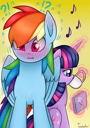 Size: 2480x3507 | Tagged: safe, artist:twidasher, derpibooru import, rainbow dash, twilight sparkle, pegasus, pony, unicorn, blushing, blushing wings, book, chest fluff, cup, drinking, ear blush, female, gradient background, image, lesbian, magic, music notes, png, question mark, shipping, signature, simple background, twidash, unicorn twilight, yellow background