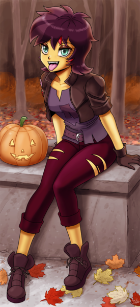 Size: 918x2000 | Tagged: safe, artist:johnjoseco, derpibooru import, sunset shimmer, vampire, costume conundrum, equestria girls, equestria girls series, spoiler:choose your own ending (season 2), spoiler:eqg series (season 2), adorasexy, autumn leaves, belt, boots, breasts, busty sunset shimmer, clothes, converse, costume, cute, fangs, female, forest, gloves, halloween, halloween costume, holiday, image, jack-o-lantern, leaf, leaves, lidded eyes, looking at you, open mouth, png, pumpkin, sexy, shoes, sitting, solo, tongue out, tree, vampire shimmer, wig