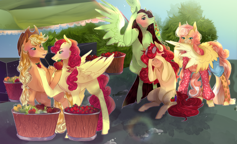 Size: 1800x1097 | Tagged: safe, artist:bunnari, derpibooru import, applejack, strawberry sunrise, oc, oc:apple berry, oc:pina colada (ice1517), oc:white lilly, earth pony, pegasus, pony, icey-verse, alternate hairstyle, apple, applejack's hat, applerise, barrel, bedroom eyes, bipedal, blouse, blushing, bush, clothes, commission, cowboy hat, ear piercing, earring, embarrassed, eyebrow piercing, eyes closed, eyeshadow, facehoof, family, female, flying, food, freckles, glasses, grin, hat, hear no evil, hoof hold, image, jewelry, lesbian, magical lesbian spawn, makeup, mare, markings, mother and child, mother and daughter, offspring, parent:applejack, parent:strawberry sunrise, parents:applerise, piercing, pineapple, png, raised hoof, rock, rope, see no evil, shipping, shirt, shorts, siblings, sisters, sitting, smiling, socks, speak no evil, stall, stockings, strawberry, sweat, sweatdrop, sweatdrops, tattoo, thigh highs, three wise monkeys, wall of tags