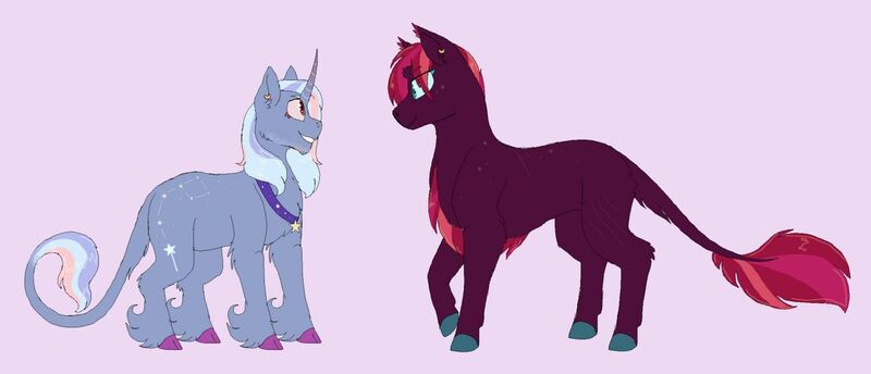 Size: 1280x551 | Tagged: safe, artist:cboyd124, derpibooru import, fizzlepop berrytwist, tempest shadow, trixie, classical unicorn, pony, unicorn, broken horn, cloven hooves, female, horn, image, jpeg, leonine tail, lesbian, looking at each other, mare, purple background, shipping, simple background, tempestrix, unshorn fetlocks