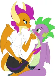 Size: 512x708 | Tagged: safe, artist:techgear, derpibooru import, smolder, spike, anthro, dragon, blushing, close to kissing, clothes, compression shorts, dragoness, eye contact, feeding, female, gem, gem in mouth, image, looking at each other, male, miniskirt, no escape, older, older smolder, older spike, on top, pleated skirt, png, shipping, shorts, simple background, skirt, spolder, spread wings, straight, tail, wings