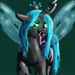 Size: 2048x2048 | Tagged: safe, artist:dummyhorse, derpibooru import, queen chrysalis, changeling, changeling queen, female, floppy ears, head turn, high res, image, jpeg, looking at you, open mouth, raised hoof, simple background, smiling, solo, spread wings, tongue out, wings