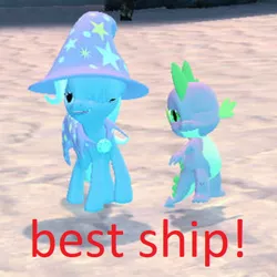 Size: 536x536 | Tagged: safe, artist:rygoespop, derpibooru import, edit, spike, trixie, dragon, pony, 3d, best ship, caption, cropped, female, image, male, mare, one eye closed, png, shipping, source filmmaker, spixie, straight, text