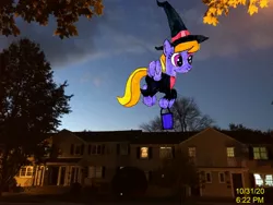 Size: 3264x2448 | Tagged: safe, artist:topsangtheman, derpibooru import, cloud kicker, earth pony, pony, clothes, costume, flying, halloween, holiday, house, image, irl, jpeg, photo, ponies in real life, solo, trick or treat, witch