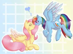 Size: 1200x899 | Tagged: safe, artist:datrandoartist, derpibooru import, fluttershy, rainbow dash, pegasus, pony, abstract background, blushing, boop, cheek fluff, chest fluff, crossed hooves, eyes closed, feathered fetlocks, female, flutterdash, image, jpeg, lesbian, mare, noseboop, shipping, tail feathers, wings