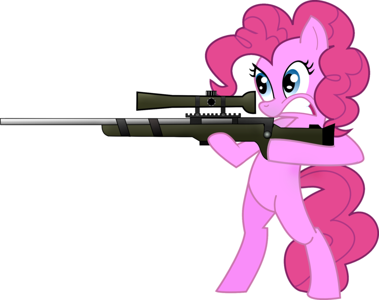 Size: 2006x1588 | Tagged: dead source, safe, artist:purple-whatever, derpibooru import, pinkie pie, earth pony, pony, bipedal, female, gun, image, juxtaposition bait, mare, optical sight, png, rifle, scope, simple background, solo, standing, standing on two hooves, transparent background, vector, weapon