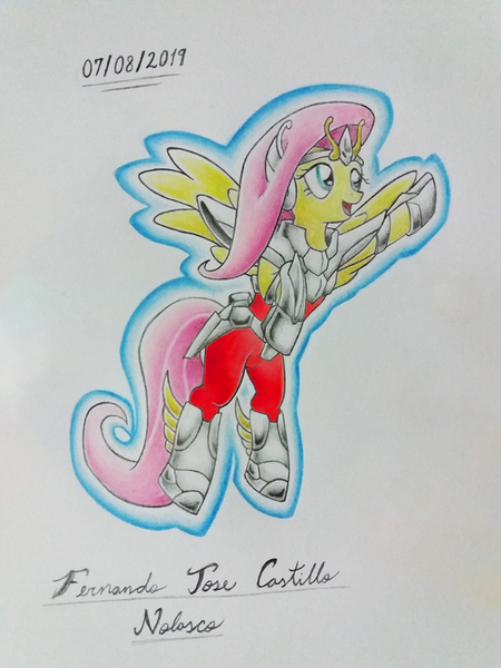 Size: 720x960 | Tagged: safe, alternate version, artist:fernandojc-draftsman, derpibooru import, pegasus, pony, colored, crossover, female, image, mare, pegasus seiya, png, rearing, saint seiya, signature, solo, traditional art