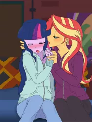 Size: 1620x2160 | Tagged: safe, artist:haibaratomoe, derpibooru import, sci-twi, sunset shimmer, twilight sparkle, equestria girls, blushing, cute, duo, duo female, ear licking, eyes closed, female, image, jpeg, lesbian, licking, loose hair, missing accessory, open mouth, scitwishimmer, shimmerbetes, shipping, sunsetsparkle, tongue out, twiabetes