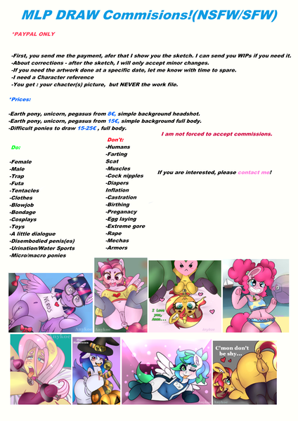 Size: 2480x3508 | Tagged: explicit, artist:anykoe, artist:zemtell, derpibooru import, bifröst, fluttershy, pinkie pie, sunset shimmer, twilight sparkle, twilight sparkle (alicorn), oc, oc:anon, oc:anykoe, alicorn, earth pony, pegasus, pony, semi-anthro, unicorn, adorasexy, adorkable, advertisement, ahegao, anonymous, anus, background pony, balls, bdsm, beach, beach ball, bedroom eyes, bell, bell collar, belly, belly button, bg pony, bikini, black background, black socks, blushing, bondage, bunset shimmer, butt, candy, chubby, clitoris, clothes, collar, commission info, commissions open, commissions sheet, cowprint, creampie, cuffs, cum, cumming, cute, digital art, dock, dork, drool, ear fluff, eyeshadow, female, floating heart, food, forced orgasm, friendship student, frog (hoof), glasses, glazed dick, grin, halloween, hat, heart, heart eyes, hind legs, holiday, human male, human male on mare, human on pony action, human vagina on pony, image, interspecies, lesbian, lock, lollipop, looking at you, magic, magical stimulation, magicjob, makeup, male, mare, midriff, nerd, nightmare night, no name character, nudity, one eye closed, open mouth, padlock, pegasus oc, penetration, penis, pigtails, plot, png, ponut, presenting, puffy vagina, pumpkin, sex, sexy, shipping, shirt, simple background, smiling, socks, solo, solo female, spread wings, stockings, straight, striped socks, swimsuit, thigh highs, tongue out, twishy, underhoof, upside down, vaginal, vulva, wand, white background, wingding eyes, wings, wink, witch, witch hat