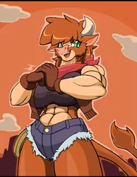Size: 1929x2489 | Tagged: safe, artist:droll3, derpibooru import, arizona cow, anthro, cow, them's fightin' herds, bandana, breasts, busty arizona cow, clothes, community related, female, image, muscles, muscular female, open mouth, png, shorts