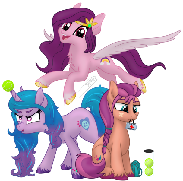 Size: 2538x2508 | Tagged: safe, artist:soctavia, derpibooru import, izzy moonbow, pipp petals, sunny starscout, earth pony, pegasus, pony, unicorn, annoyed, flying, g5, happy, horn, horn guard, horn impalement, hornball, image, izzy's tennis ball, jewelry, mouth hold, open mouth, png, satchel, scowl, simple background, sitting, tennis ball, tiara, tongue out, transparent background