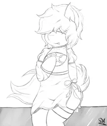 Size: 2000x2374 | Tagged: safe, artist:drawalaverr, derpibooru import, oc, oc:pulsse, earth pony, pony, 2b, black and white, blindfold, bow, clothes, cosplay, costume, dress, femboy, grayscale, image, jpeg, male, monochrome, nier: automata, sitting, sketch, smiling, socks, solo, tongue out