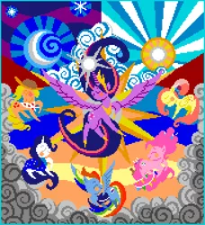 Size: 1820x2000 | Tagged: safe, artist:gravityfying, derpibooru import, edit, applejack, fluttershy, pinkie pie, princess twilight 2.0, rainbow dash, rarity, twilight sparkle, twilight sparkle (alicorn), alicorn, pony, the last problem, image, mane six, older, older applejack, older fluttershy, older mane six, older pinkie pie, older rainbow dash, older rarity, older twilight, pixel art, png, spread wings, wings