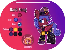 Size: 1400x1068 | Tagged: safe, artist:n0kkun, derpibooru import, oc, oc:commander dark fang, unofficial characters only, alicorn, bat pony, bat pony alicorn, pony, alicorn oc, bat pony oc, bat wings, belt, boots, bowtie, clothes, coat, dagger, ear piercing, earring, eyeshadow, fangs, female, gloves, gradient background, hat, horn, image, jewelry, knife, makeup, mare, pants, piercing, png, reference sheet, shirt, shoes, solo, uniform, weapon, wings