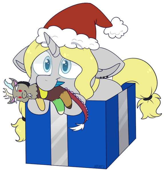 Size: 719x751 | Tagged: safe, artist:jetjetj, derpibooru import, part of a set, discord, oc, oc:moon beam, pony, unicorn, christmas, commission, hat, holiday, image, mouth hold, plushie, png, present, santa hat, solo, ych result