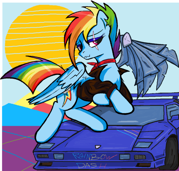 Size: 1036x987 | Tagged: safe, artist:sallycars, derpibooru import, rainbow dash, pegasus, pony, alternate timeline, amputee, apocalypse dash, artificial wings, augmented, car, choker, crystal war timeline, image, lamborghini, lamborghini countach, ms paint, png, prosthetic limb, prosthetic wing, prosthetics, rainbow dash day, solo, wings