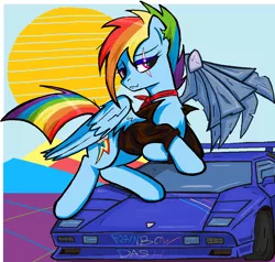 Size: 1036x987 | Tagged: safe, artist:sallycars, derpibooru import, rainbow dash, pegasus, pony, alternate timeline, amputee, apocalypse dash, artificial wings, augmented, car, choker, crystal war timeline, image, lamborghini, lamborghini countach, ms paint, png, prosthetic limb, prosthetic wing, prosthetics, rainbow dash day, solo, wings