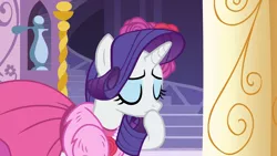 Size: 1920x1080 | Tagged: safe, derpibooru import, screencap, rarity, pony, unicorn, no second prances, carousel boutique, clothes, cropped, dress, eyes closed, female, flower, hoof over mouth, image, jewelry, mare, necklace, png, raised hoof, rose, solo