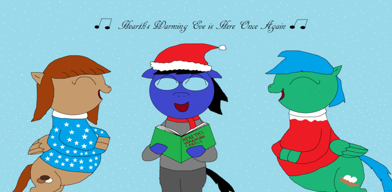 Size: 4304x2116 | Tagged: safe, artist:blazewing, derpibooru import, oc, oc:blazewing, oc:maggie, oc:pecan sandy, pegasus, pony, 1000 hours in ms paint, bad anatomy, book, christmas, chubby, clothes, colored background, dialogue, eyes closed, fat, female, flying, glasses, hat, hearth's warming, hearth's warming eve, hearth's warming eve is here once again, holiday, image, male, mare, music notes, pants, plump, png, santa hat, scarf, singing, smiling, snow, stallion, sweater, winter, winter outfit