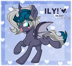 Size: 767x696 | Tagged: safe, artist:midnightmusic, derpibooru import, oc, oc:elizabat stormfeather, unofficial characters only, alicorn, bat pony, bat pony alicorn, pony, alicorn oc, bat pony oc, bat wings, birthday, birthday gift, blushing, chest fluff, cute, cute little fangs, ear fluff, fangs, female, heart, horn, image, mare, missing cutie mark, png, raised hoof, raised tail, solo, tail, wings